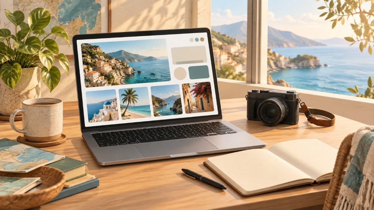 Setting up a travel blog: a laptop, camera and notebook on a sunlit desk by the sea