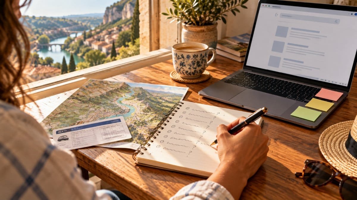 Planning travel blog topics from real search questions: a notebook of questions beside a map, a timetable and a laptop