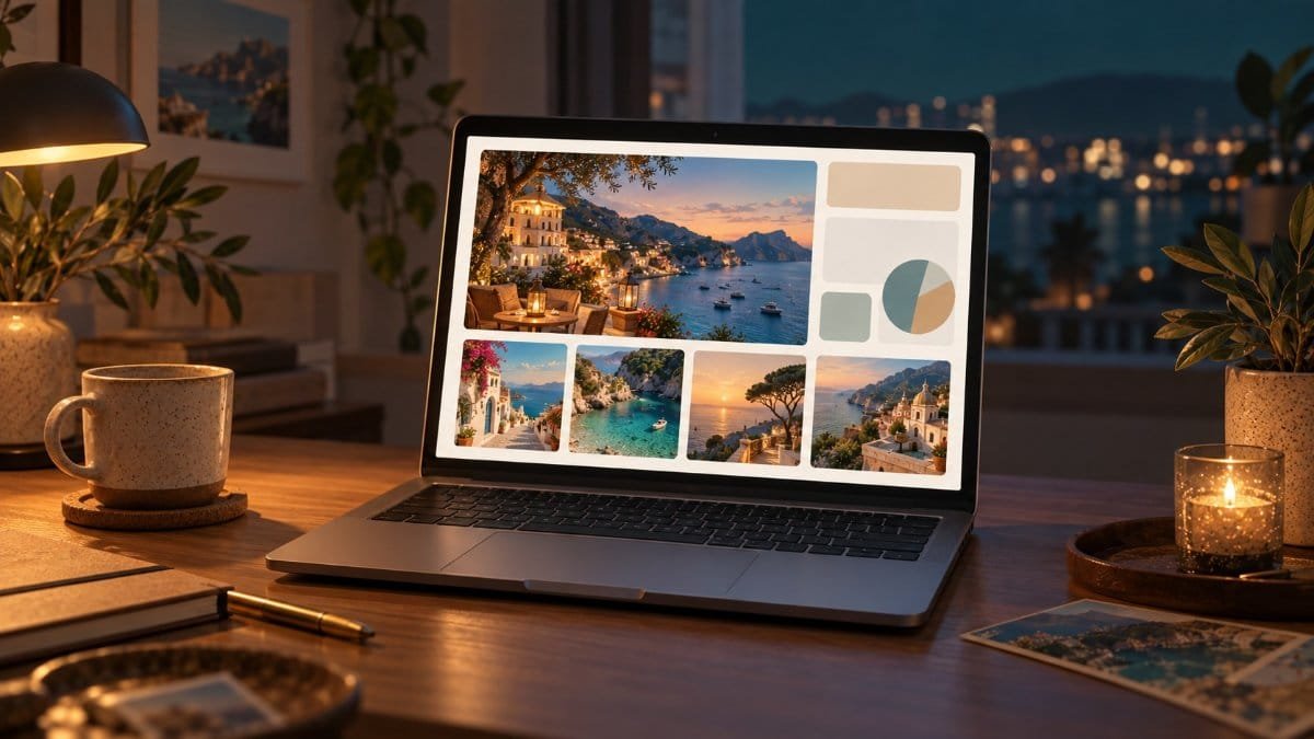 A finished travel blog article glowing on a laptop at night, waiting for its first readers