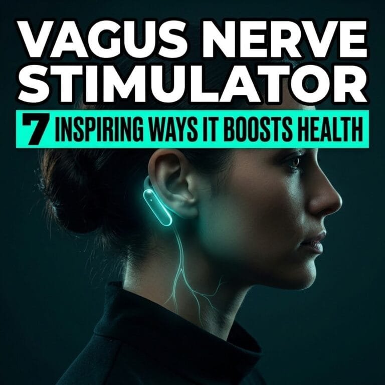 Vagus nerve stimulator: a glowing ear-clip device with a nerve pathway along the neck of a calm woman