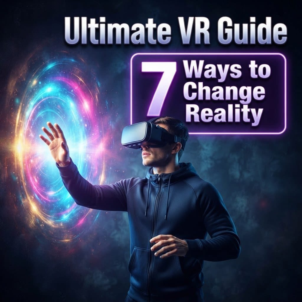 Ultimate VR guide: a man in a VR headset reaching into a glowing portal to a virtual world