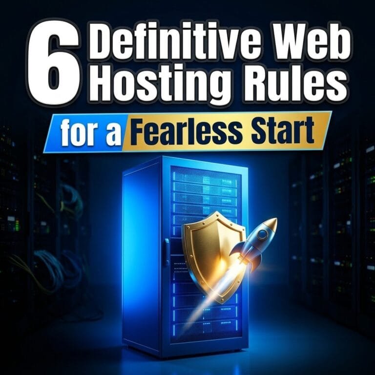 Web hosting rules: a glowing server rack with a golden security shield and a launching rocket