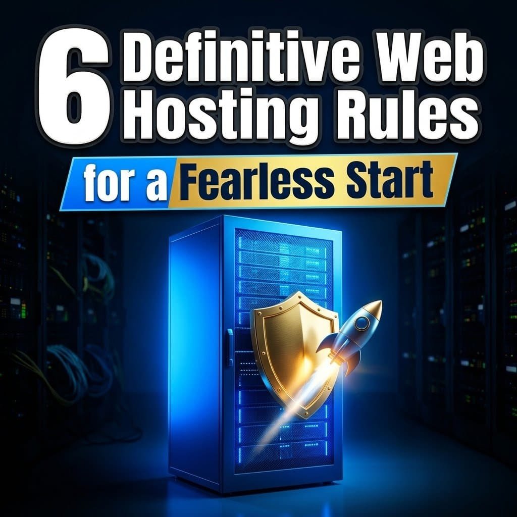 Web hosting rules: a glowing server rack with a golden security shield and a launching rocket