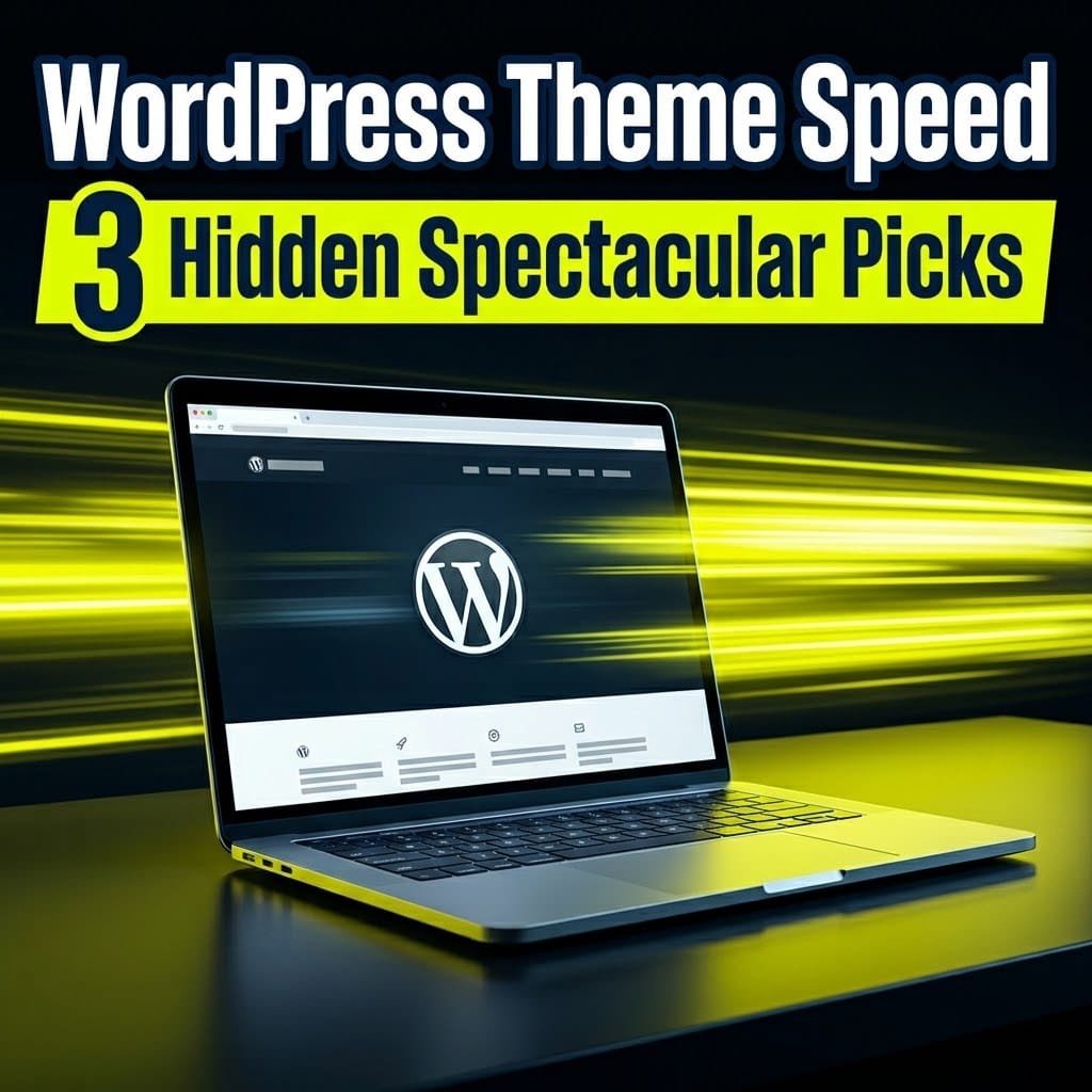 WordPress theme speed: a laptop showing a fast WordPress website with the WordPress logo and speed streaks