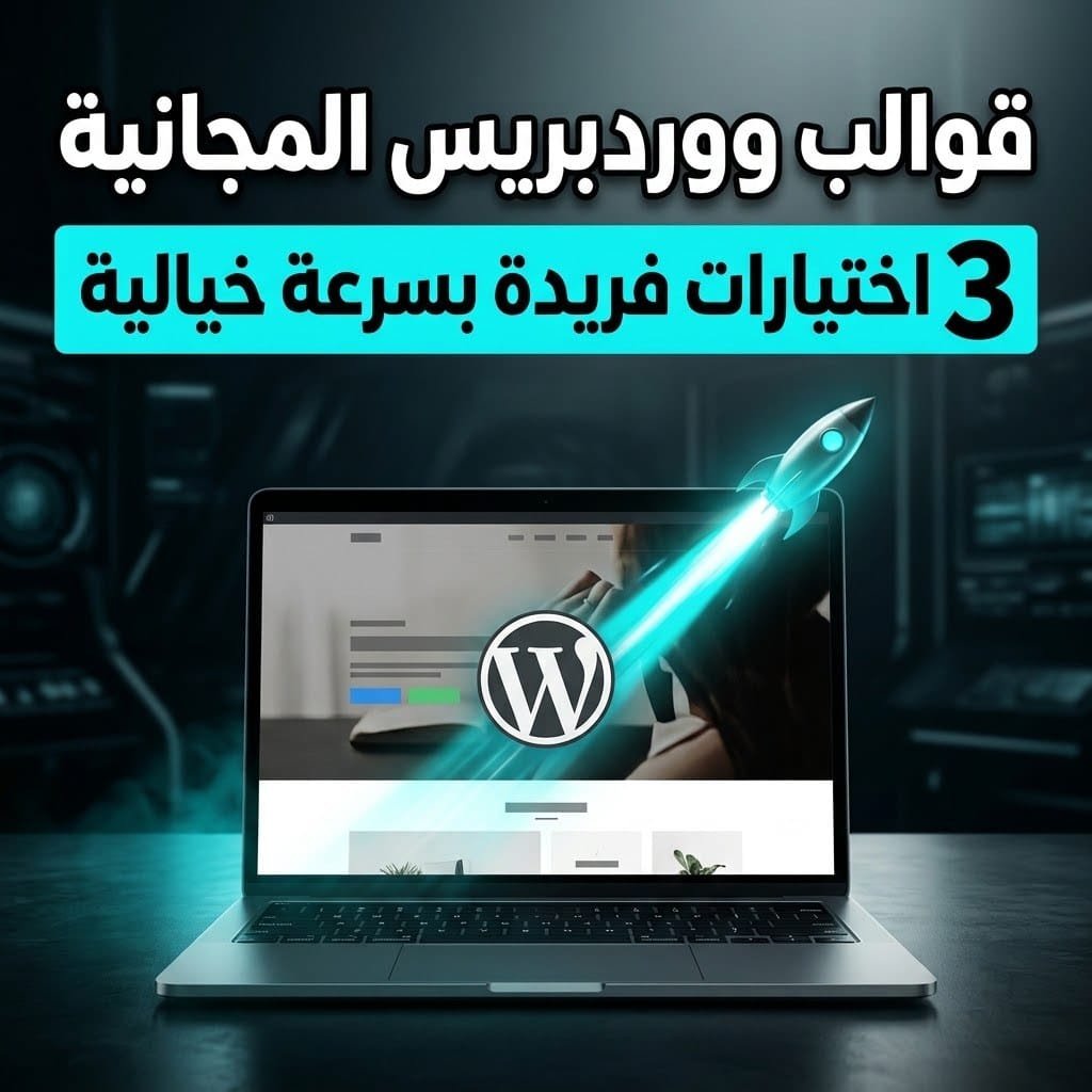 قوالب ووردبريس المجانية: لابتوب يعرض قالب موقع بشعار ووردبريس وصاروخ ضوئي ينطلق من الشاشة