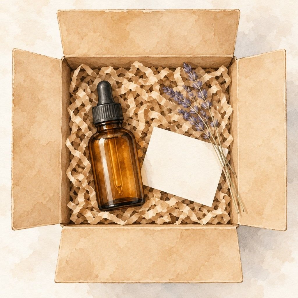 طرد يحمل زجاجة من مشروع زيوت الشعر مع بطاقة الاستعمال