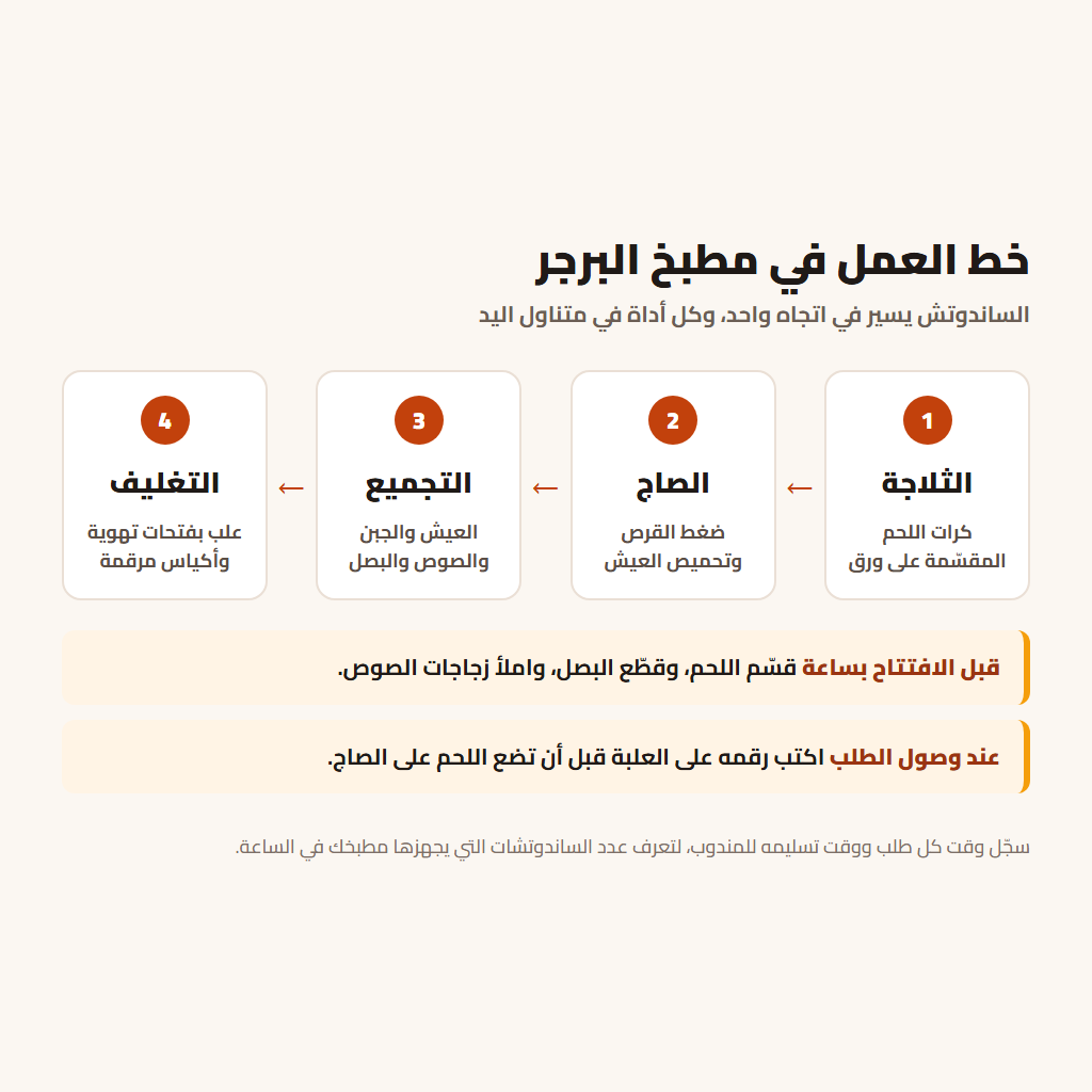 خط العمل من الثلاجة إلى الصاج والتجميع والتغليف في مشروع برجر