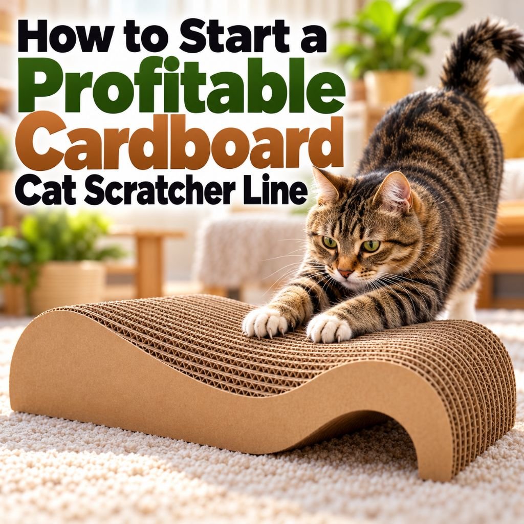 Tabby cat stretching on a cardboard cat scratcher