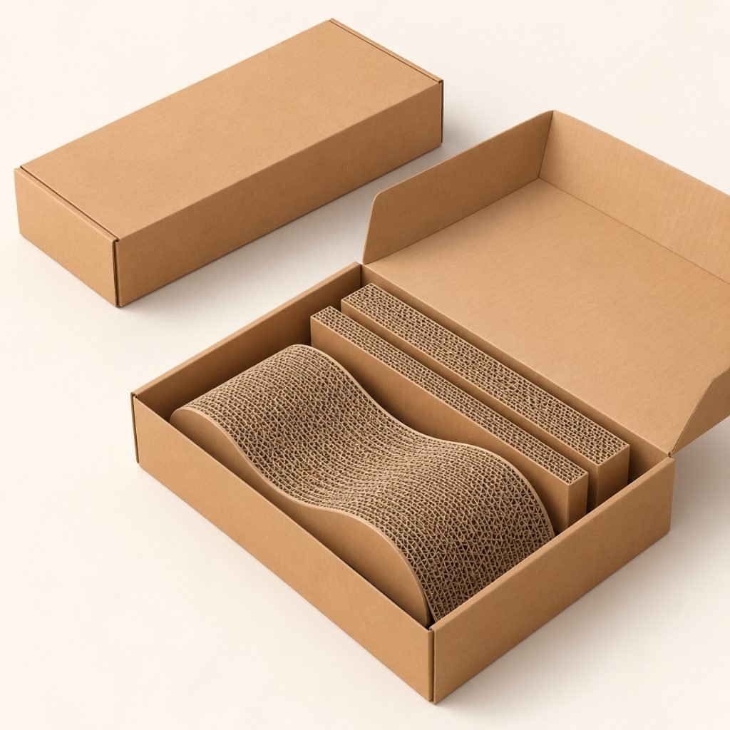 3D flat-pack box with a cardboard cat scratcher and refill inserts