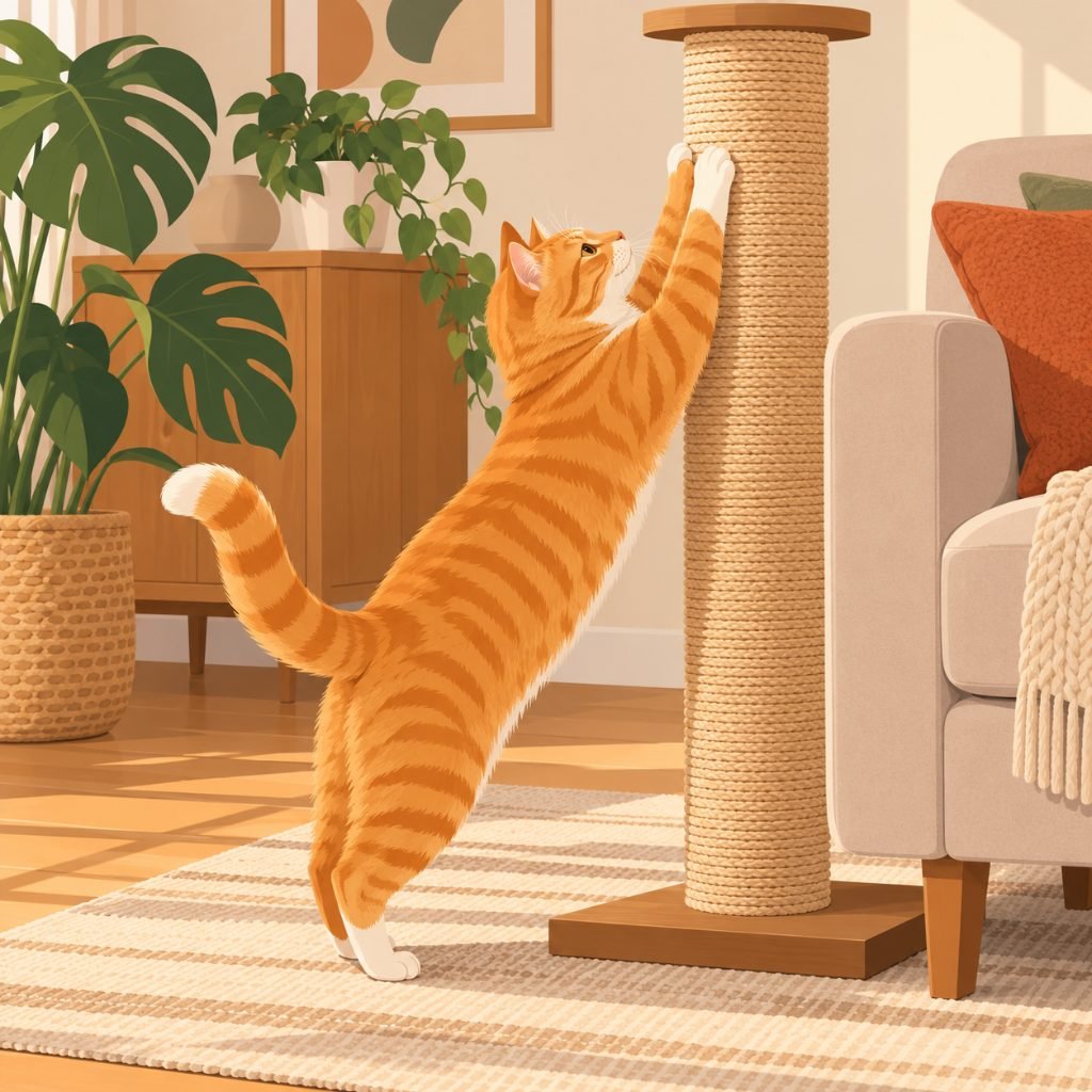 Illustration of a cat stretching up a sisal post in a cardboard cat scratcher line