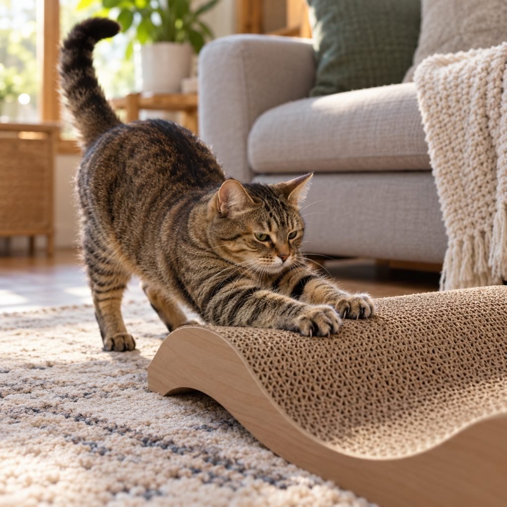 Tabby cat using a wave-shaped cardboard cat scratcher beside a sofa