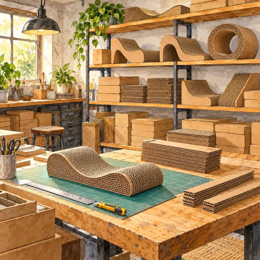 Watercolour of a small workshop stocking cardboard cat scratcher refills