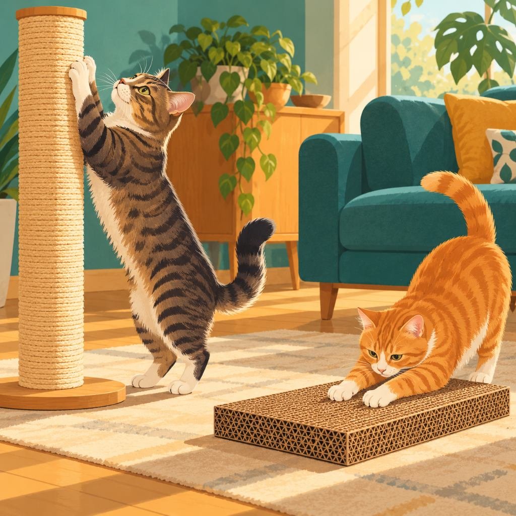 رسم لقطتين تستعمل إحداهما خداشة قطط رأسية والأخرى أفقية