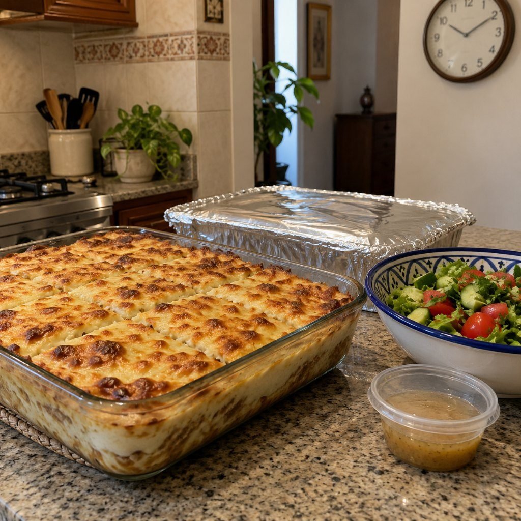 صينية مكرونة بالبشاميل وأرز مغطى وسلطة بصوص منفصل في مشروع كاترينج