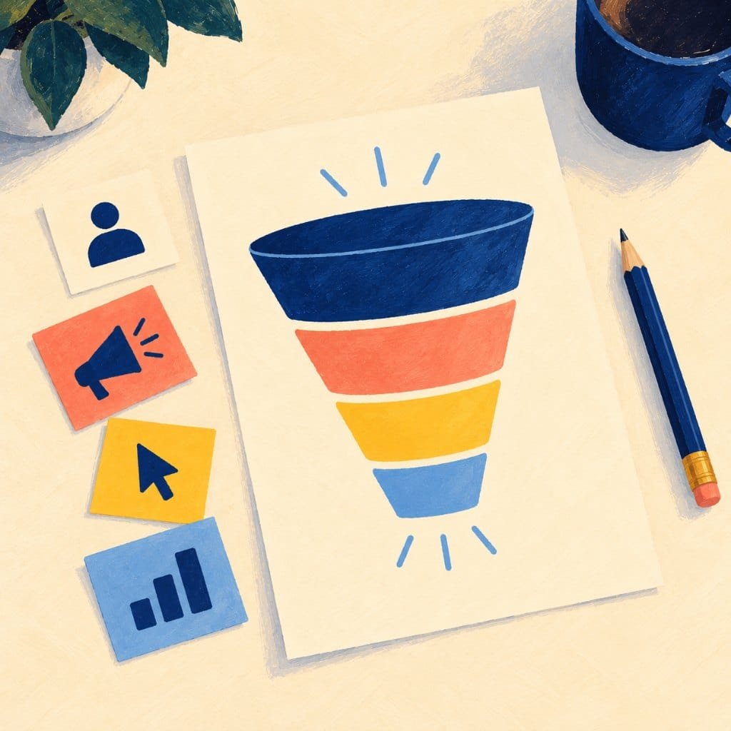 Digital marketing courses in practice: a hand-drawn funnel with audience, channel, action, and measurement notes