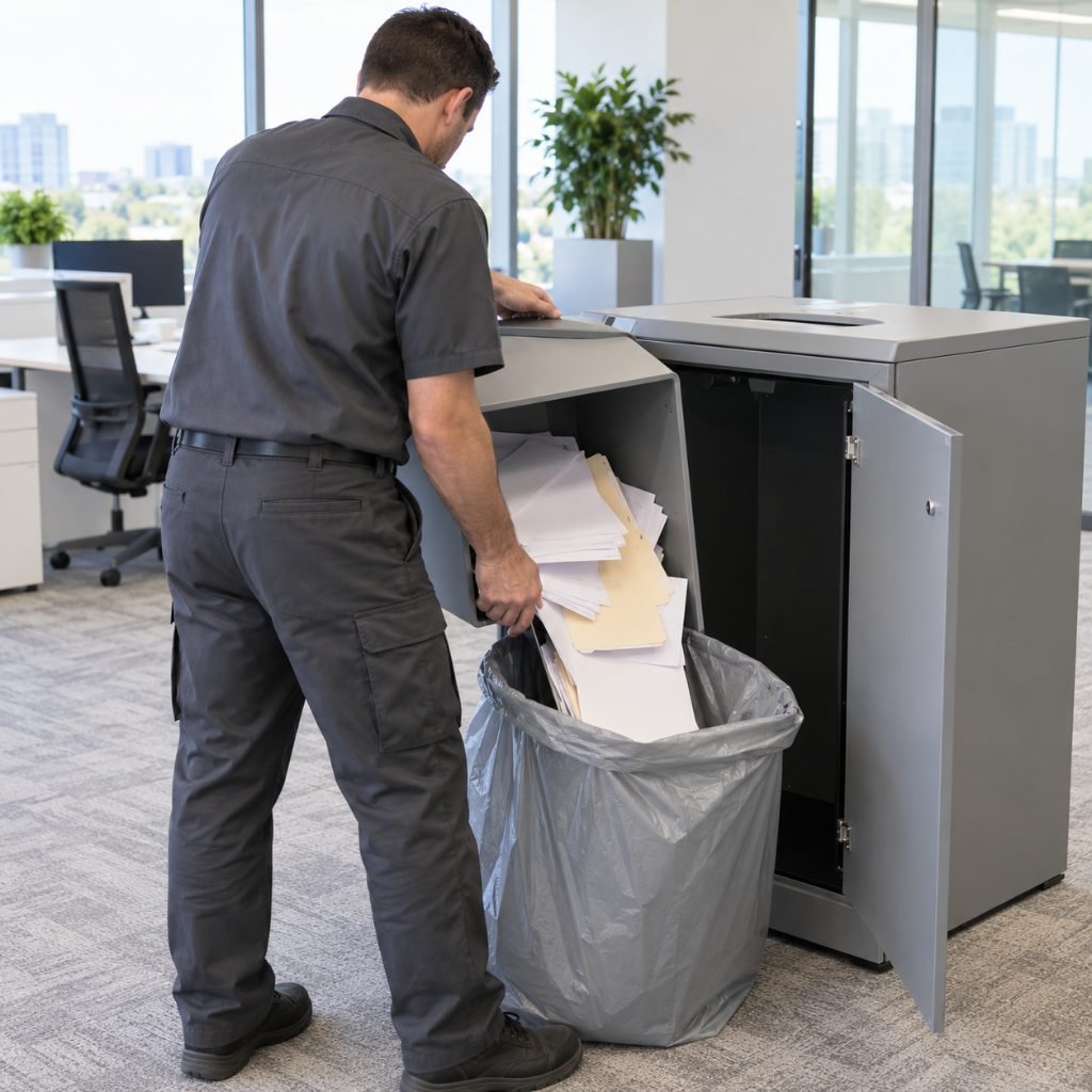 Technician emptying whole papers from a locked console for a document shredding business pickup