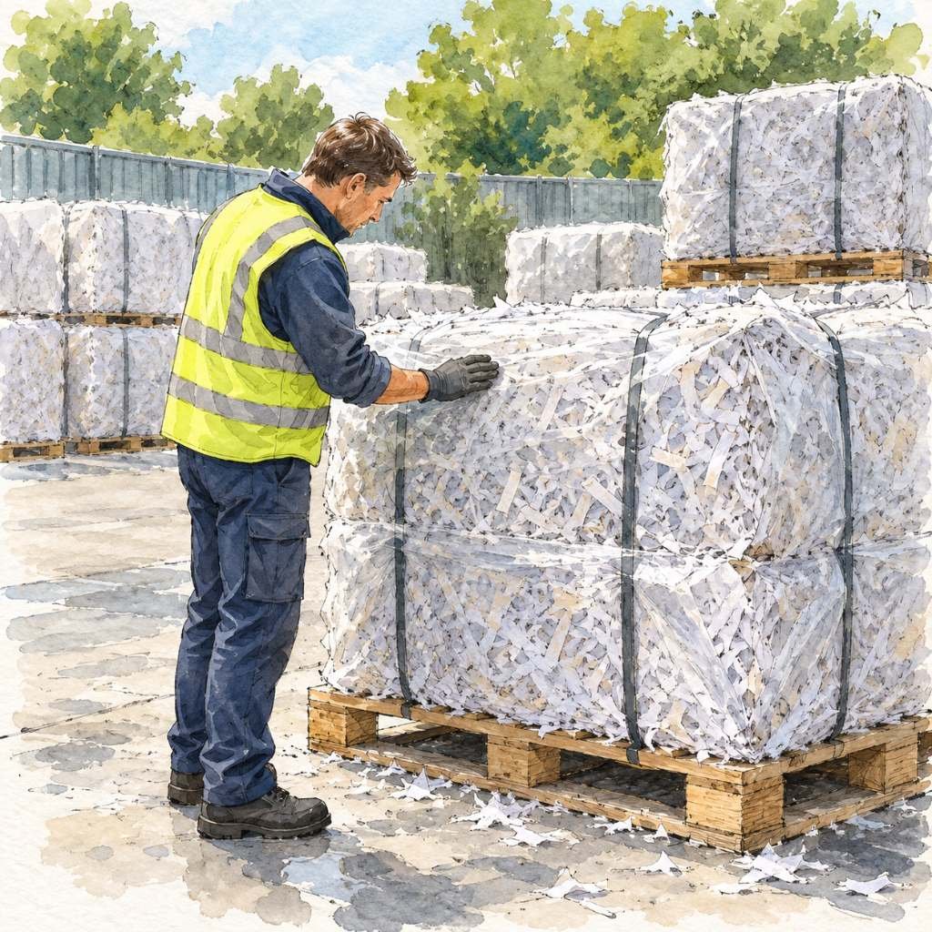 Watercolour sketch of a worker checking a bale of shred from a document shredding business