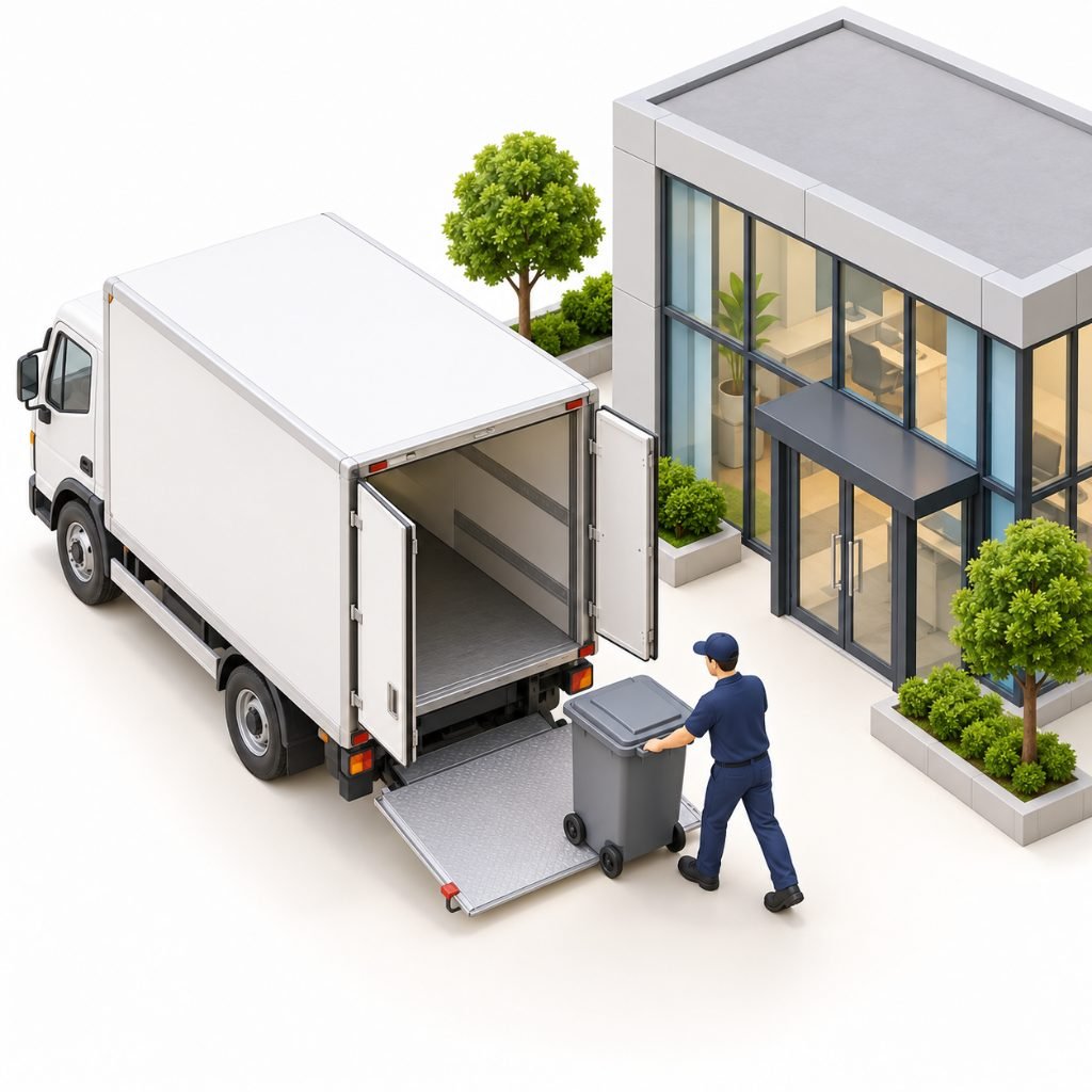 Isometric illustration of a mobile shred truck for an on-site document shredding business