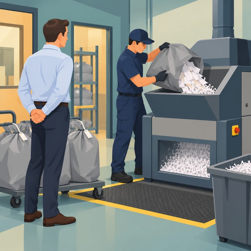 Illustration of a client employee watching paper being shredded in a document shredding business