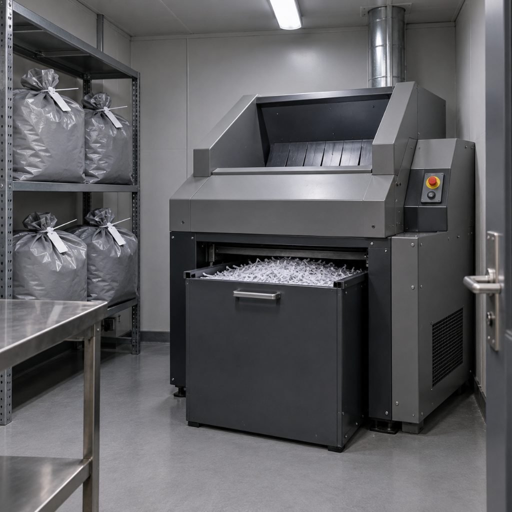 Industrial cross-cut shredder in a locked workroom for a document shredding business