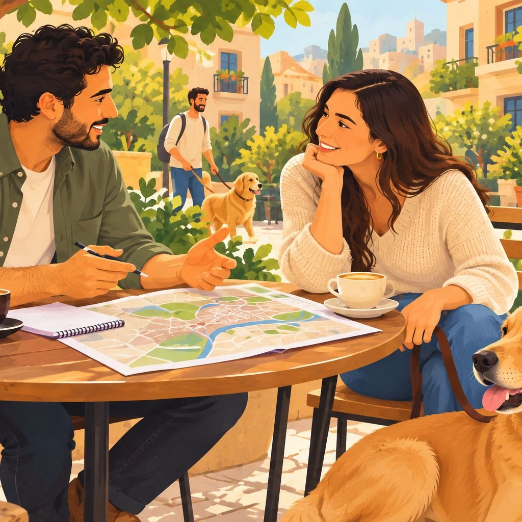 رسم لمقابلة بين صاحب مشروع تمشية الكلاب ومالكة كلب في مقهى