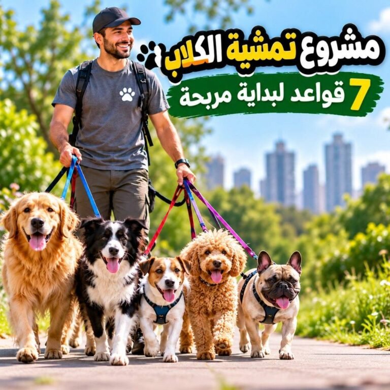 صاحب مشروع تمشية الكلاب يمشّي 5 كلاب في حديقة