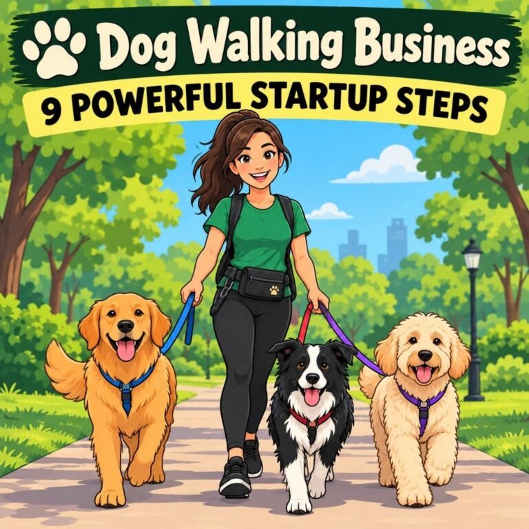 Illustration of a dog walking business owner walking three dogs in a park