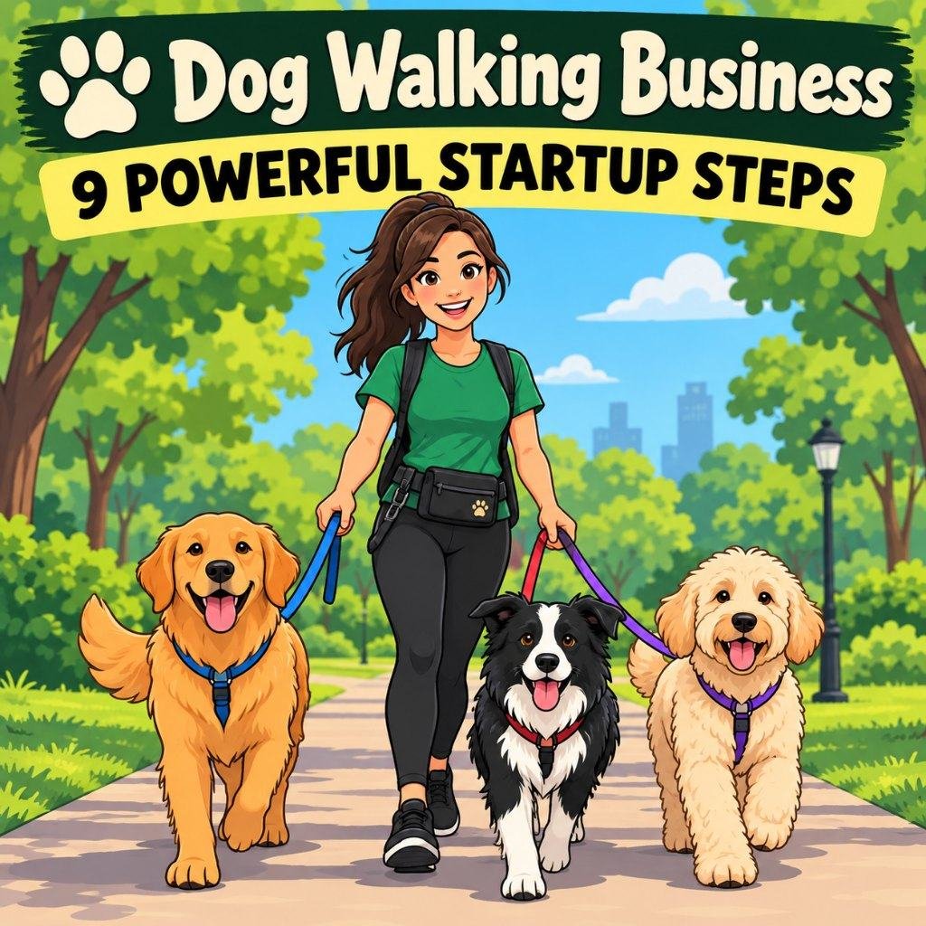 Illustration of a dog walking business owner walking three dogs in a park