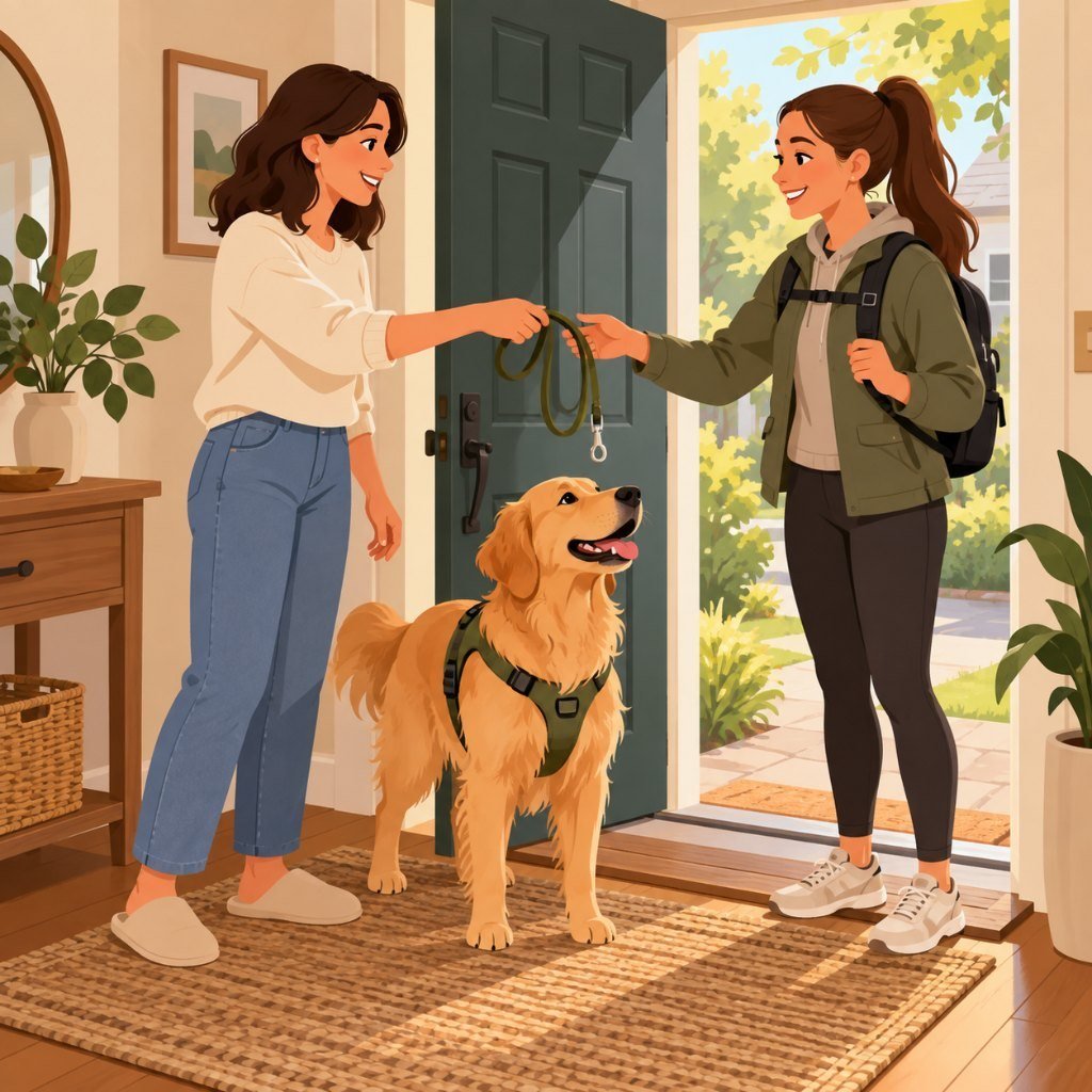 Illustration of a client handoff at the door for a dog walking business