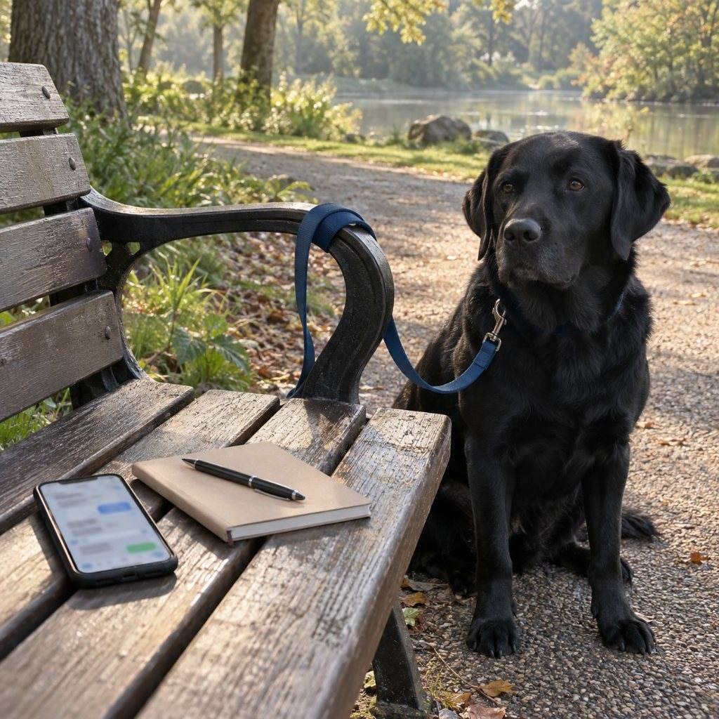 Phone and notebook on a park bench for writing a visit update in a dog walking business