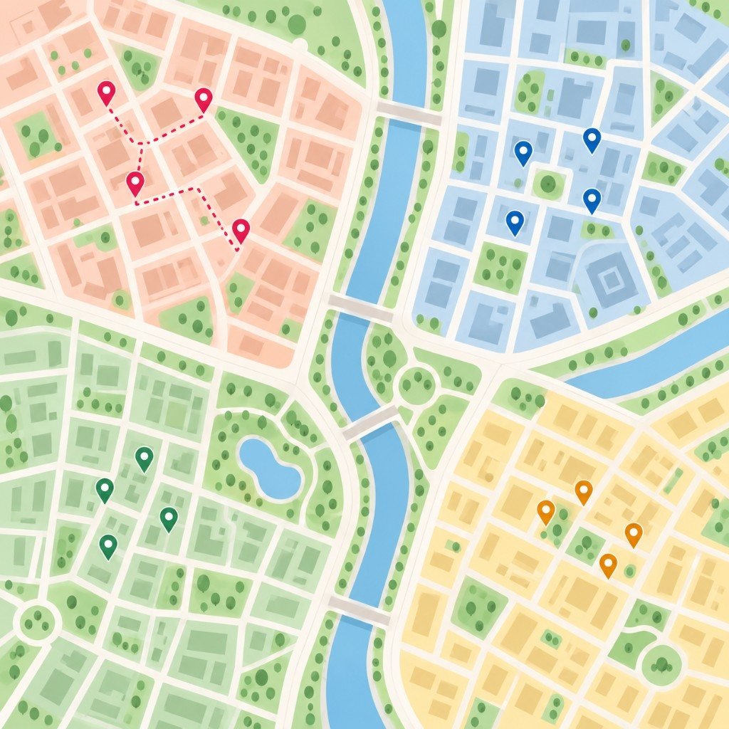 District map with grouped visits for an AC cleaning business