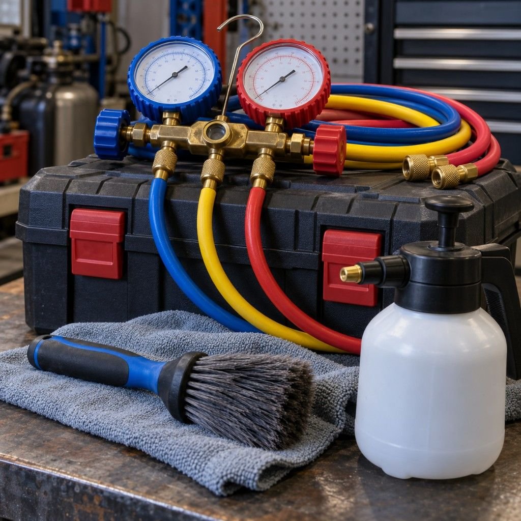 Refrigerant gauges set aside beside cleaning tools in an AC cleaning business