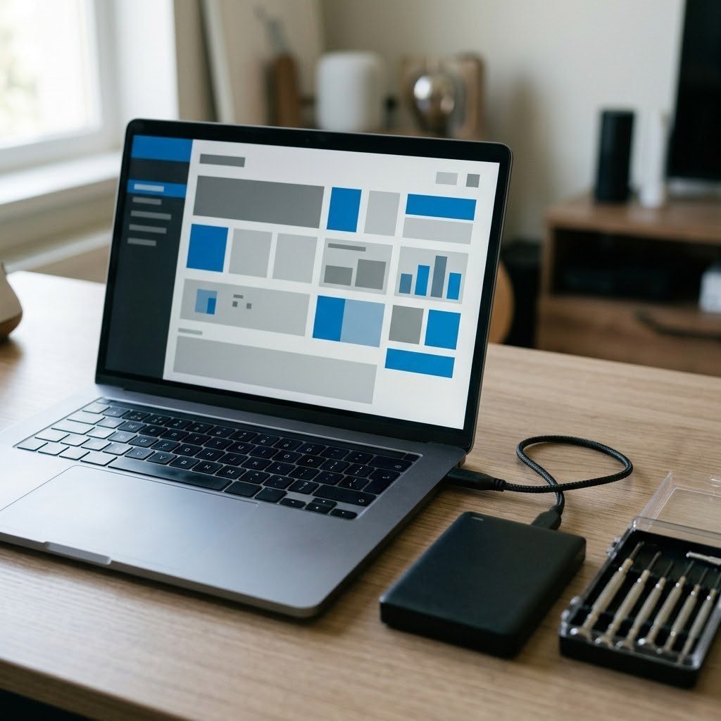 Laptop with a backup drive and screwdrivers: self-hosted blogging tools mean maintenance