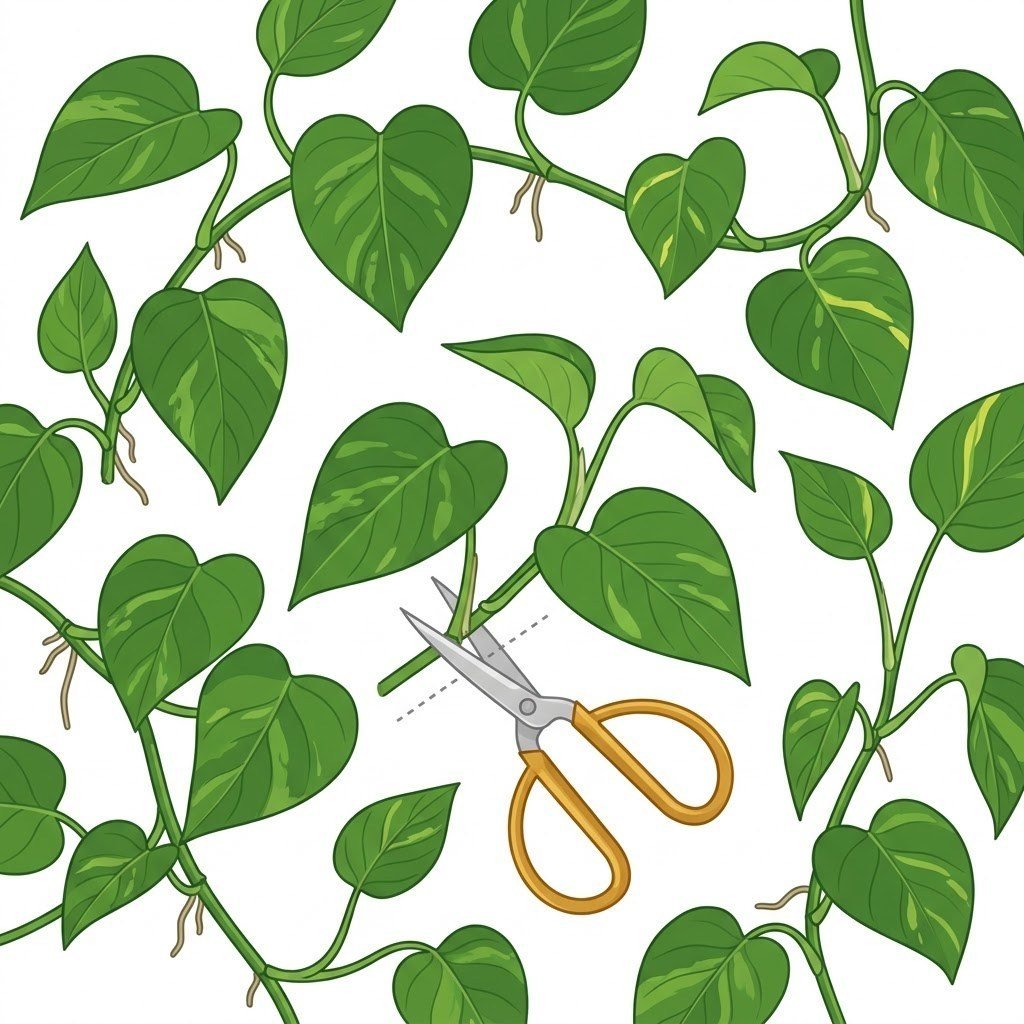 Pothos stem with scissors at the node, a single-point graphic made with blogging tools