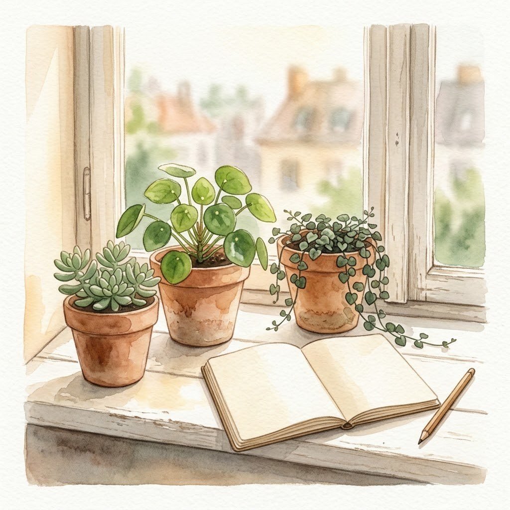 Houseplants on an apartment windowsill beside a notebook, the reader behind the blogging tools choice