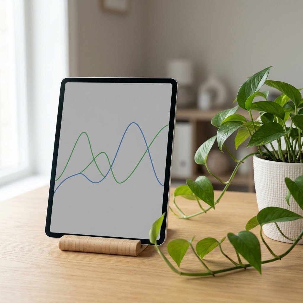 Two interest curves on a tablet beside a pothos, comparing topics with free blogging tools