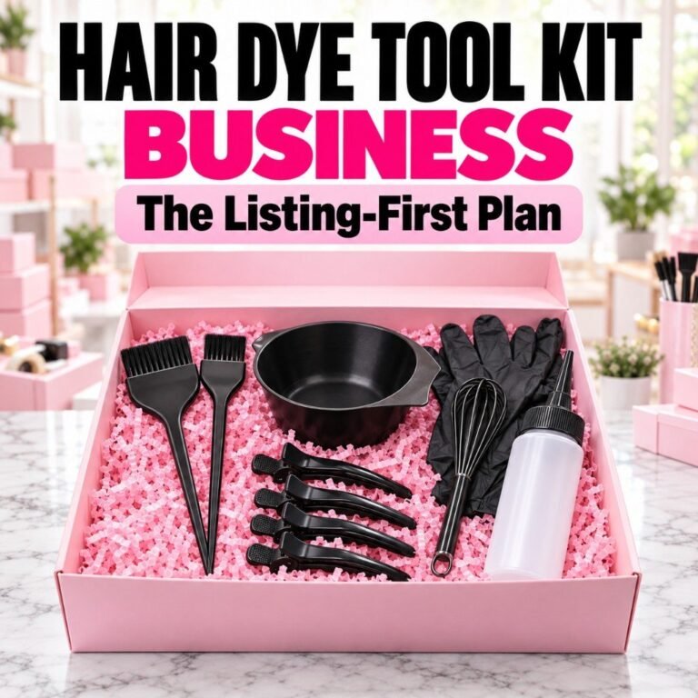 Hair dye tool kit business: an open box with bowl, brushes, clips, and gloves
