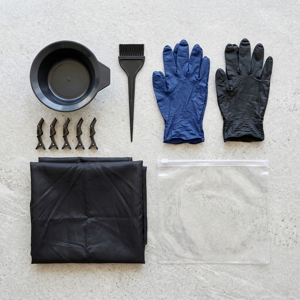 Pieces of a hair dye tool kit laid out: bowl, brush, clips, gloves, cape, and pouch