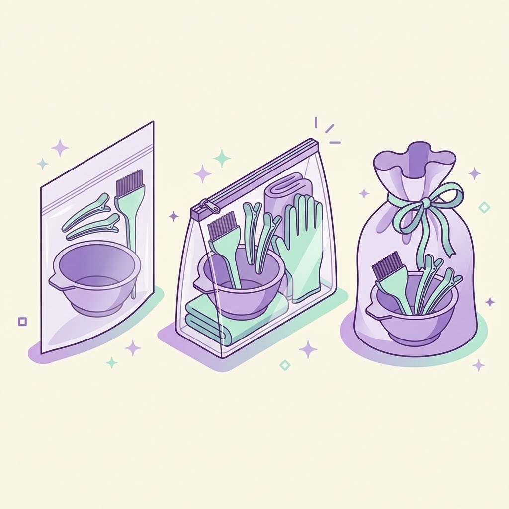 Three versions of a hair dye tool kit: basic bag, clear pouch, and gift pouch
