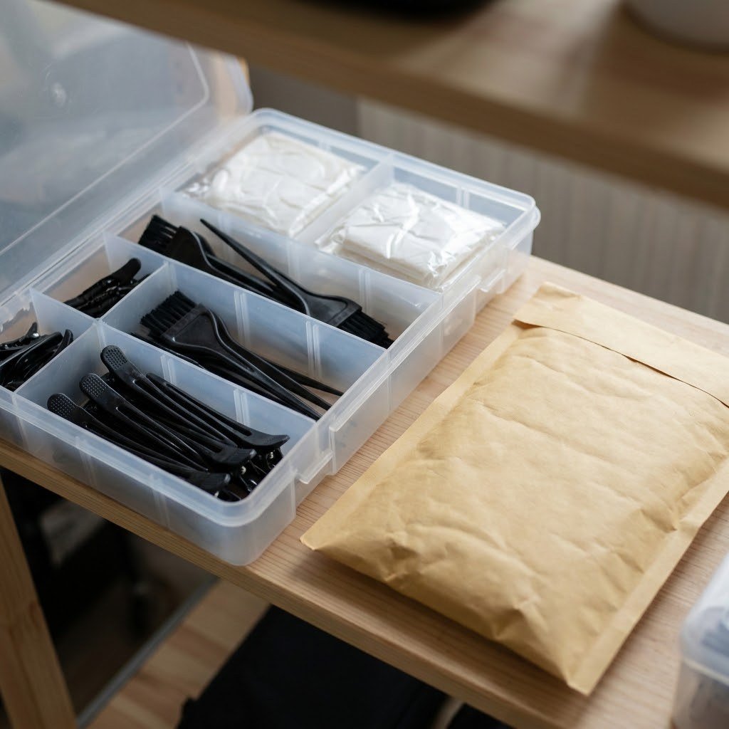 Spare clips, brushes, and gloves kept to replace missing hair dye tool kit pieces