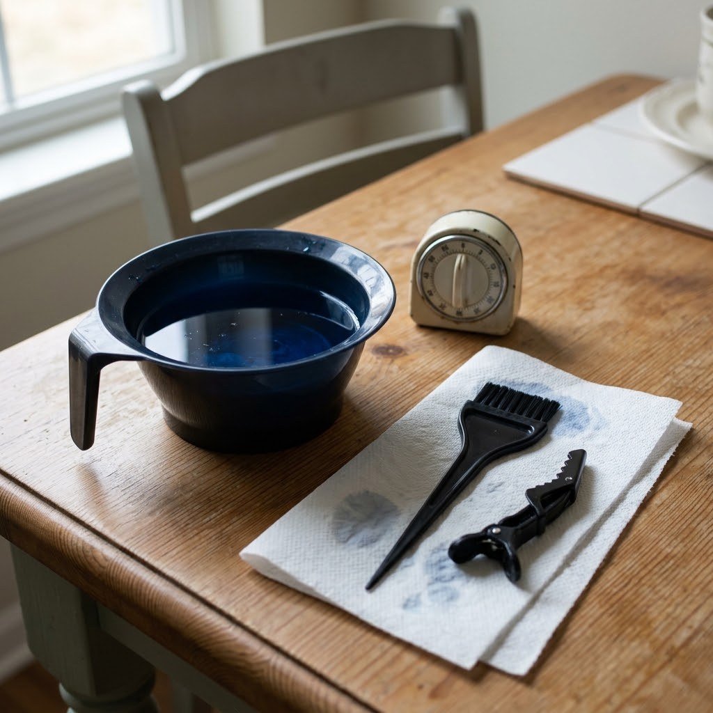 Sample test for a hair dye tool kit: bowl of colored water, timer, brush, and clip