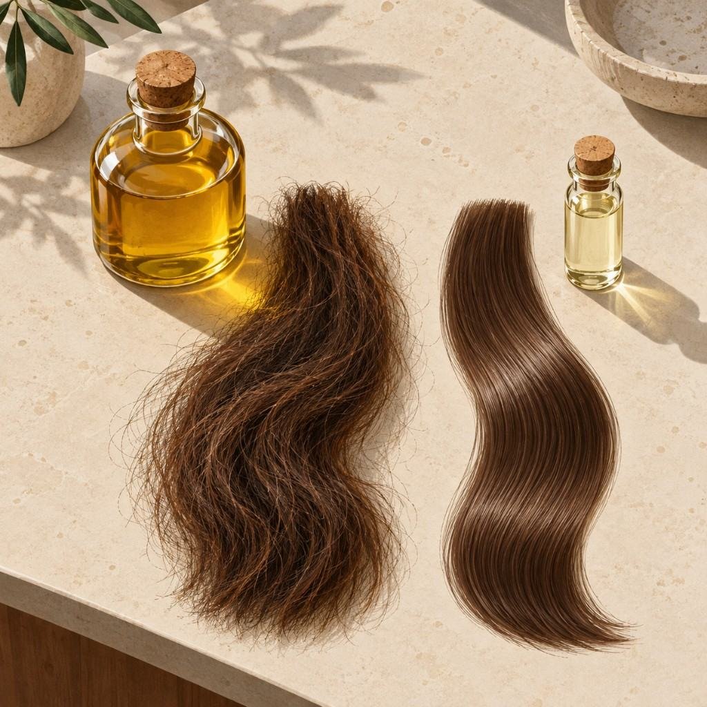 Hair swatches and two oil bottles for a hair oil business formula