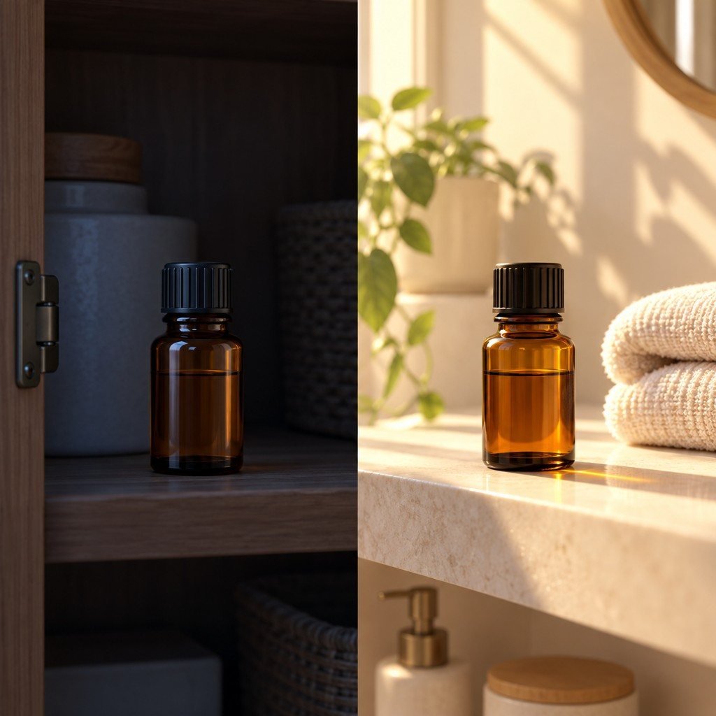 Shelf-life test for a hair oil business: one bottle in a dark cupboard, one on a bathroom shelf