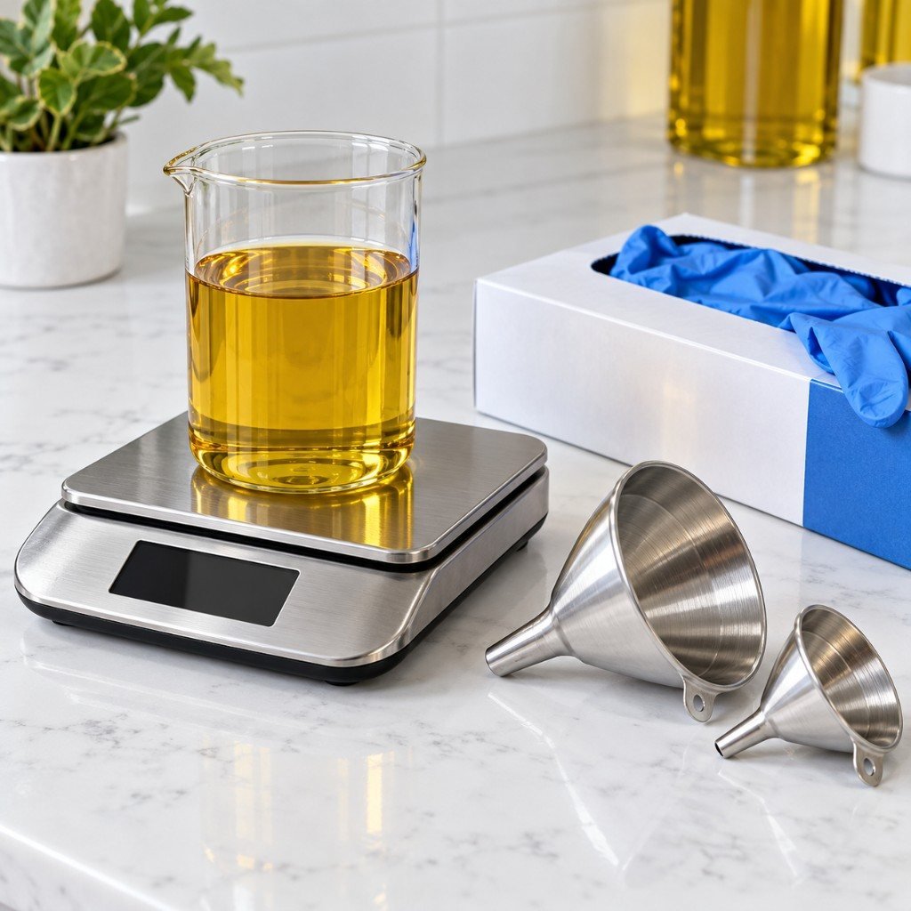 Scale, beaker and funnels in a hair oil business workspace