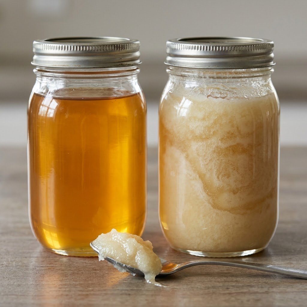 Liquid and crystallized honey side by side, a question every honey business hears