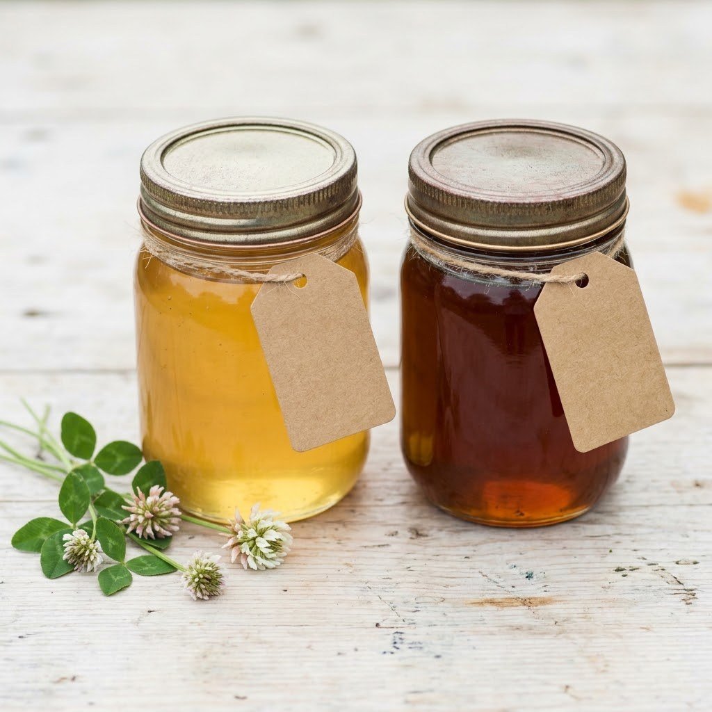 Light and dark honey jars with blank tags and clover blossoms for a honey business label