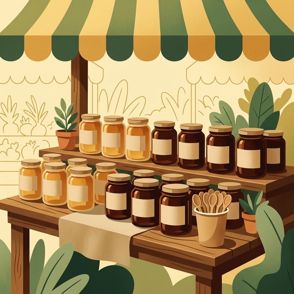 Honey business market stall with jars in two shades and tasting spoons