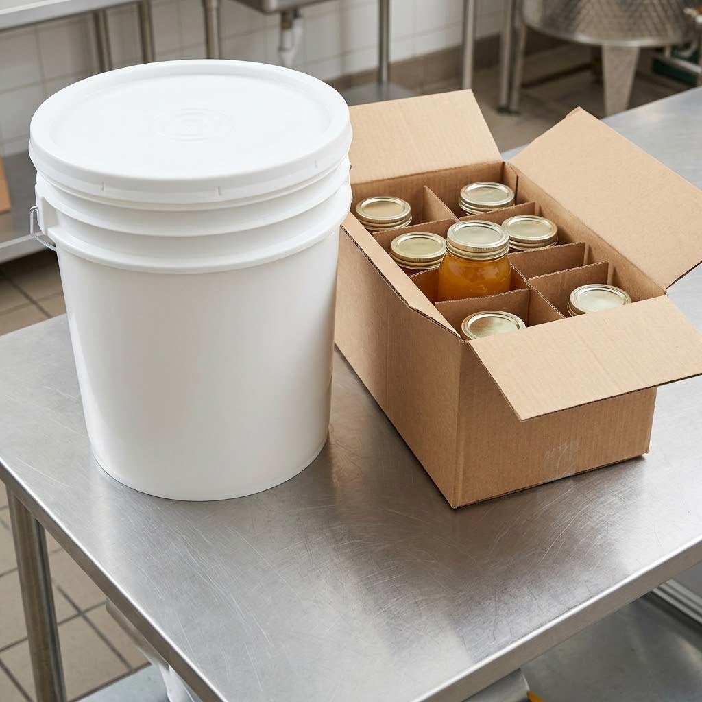 A bulk pail beside a case of sealed jars, the two ways a honey business buys