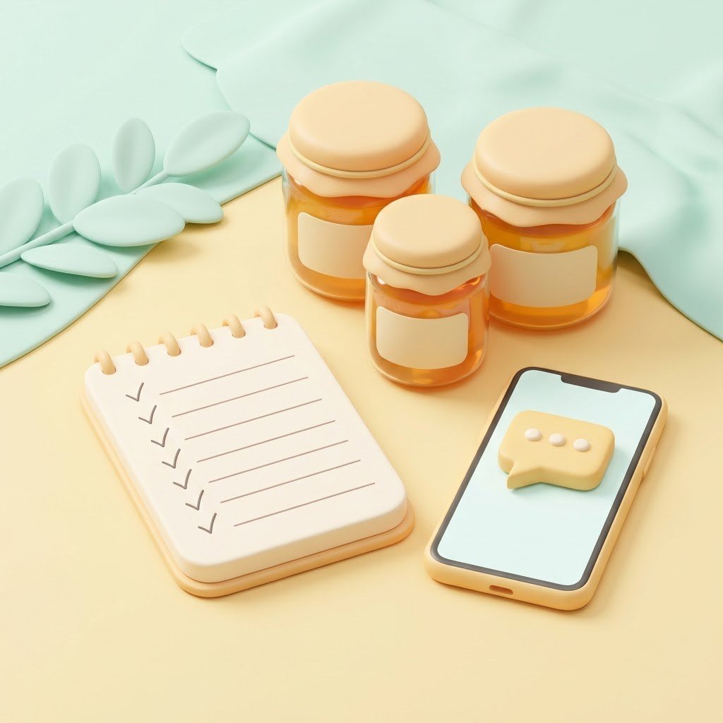 A buyer list, honey jars and a phone message for honey business repeat orders