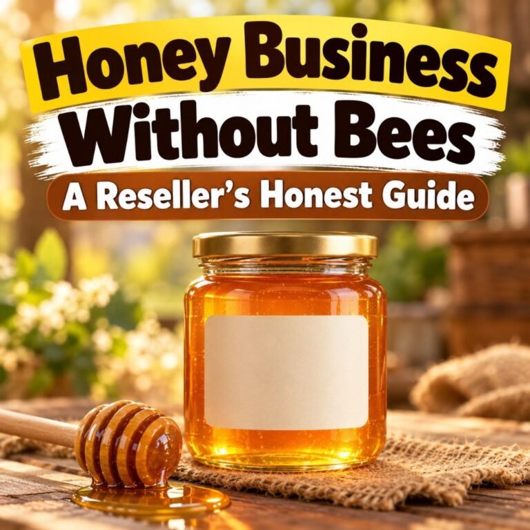 Honey business without bees: a jar of honey with a blank label and a dipper